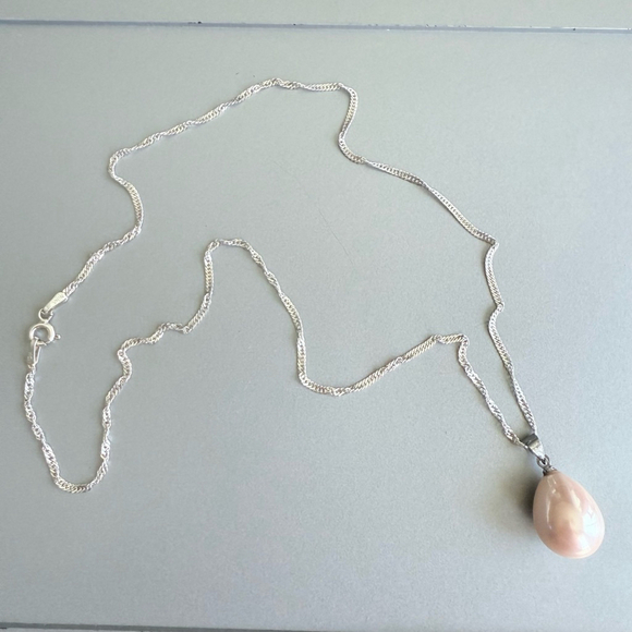 Rose Pink Faux Pearl Simulant Pear TearDrop Pendant Sterling Silver Necklace - Picture 6 of 7